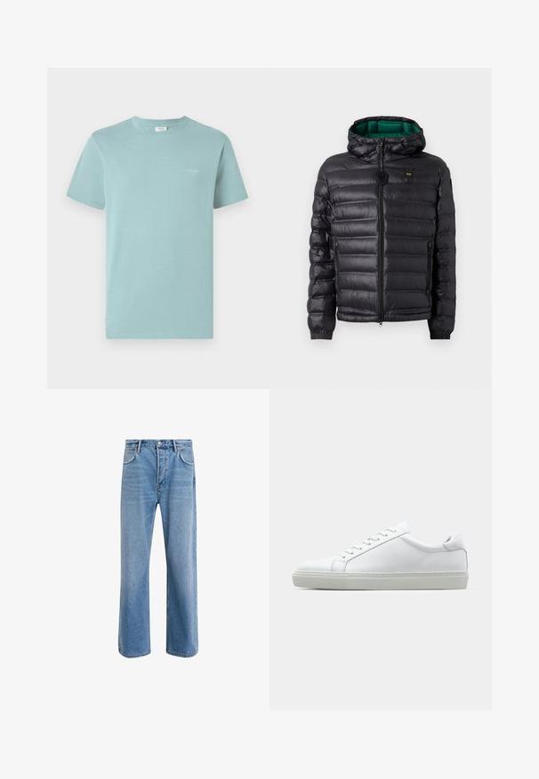 Sort polstret jakke med hætte, der har en blank finish, grøn foring, lynlås og elastiske ærmeafslutninger. Indeholder logo med mærke på brystet.; Lyseblå bomulds T-shirt med rund hals og korte ærmer. Har et lille mærke-logo trykt i hvidt på brystet. Ensfarvet design.; Lyseblå denim jeans med lige ben-design, fem lommer, knaplukning, minimal falming og kontraststingdetaljer.; Hvide sneakers med en glat læderoverdel og lav profil. Har en rund tå, seks snørehuller og en tekstureret gummisål.
