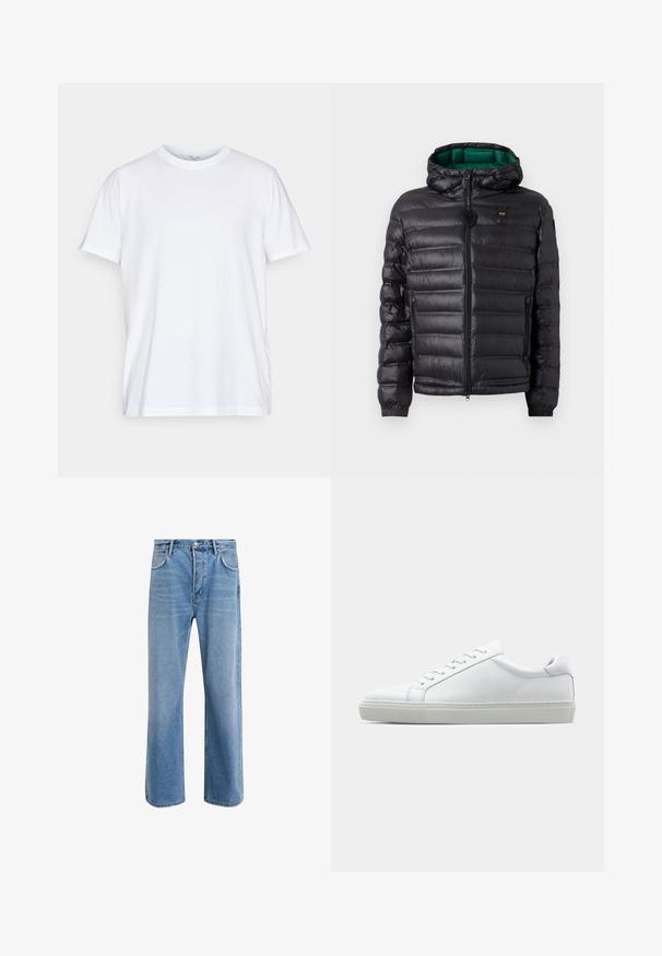 Black puffer jacket with a quilted design, hood, and green interior. Features a central zipper and logo detailing on the upper front.; White cotton t-shirt with short sleeves, round crew neckline, and a relaxed fit. Features minimalistic design, no patterns or accents.; Light blue denim jeans with a straight-leg design, five pockets, button closure, minimal fading, and contrasting stitching details.; White sneaker with a smooth leather upper and a low profile. Features a rounded toe, six eyelets, and a textured rubber sole.
