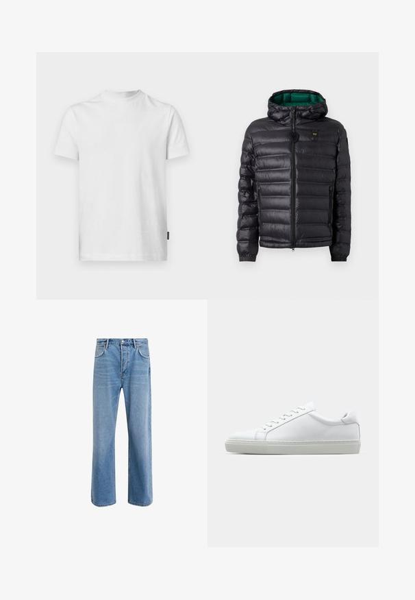 Black padded jacket with a hood, featuring a glossy finish, green lining, zip closure, and elastic cuffs. Includes branded logo on chest.; White short-sleeve T-shirt made of cotton. Features a round neck and a straight cut, with a small label on the lower left side.; Light blue denim jeans with a straight-leg design, five pockets, button closure, minimal fading, and contrasting stitching details.; White sneaker with a smooth leather upper and a low profile. Features a rounded toe, six eyelets, and a textured rubber sole.