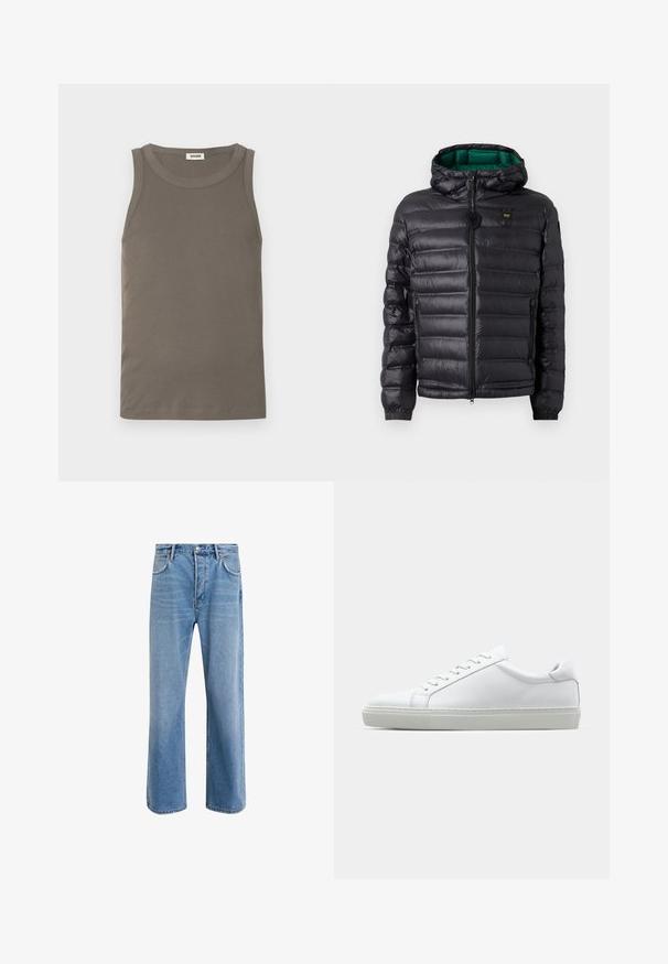 Giacca imbottita nera con cappuccio, finitura lucida, fodera verde, chiusura con zip e polsini elastici. Include logo marchiato sul petto.; Canotta marrone chiaro a coste con scollo rotondo, design senza maniche e orlo dritto. Realizzata in tessuto morbido ed elastico.; Jeans in denim blu chiaro con design a gamba dritta, cinque tasche, chiusura con bottone, leggero sbiadimento e dettagli di cucitura a contrasto.; Sneaker bianco con tomaia in pelle liscia e profilo basso. Presenta una punta arrotondata, sei occhielli e una suola in gomma testurizzata.