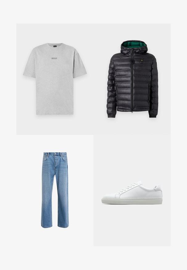 Czarna kurtka puchowa z pikowanym wzorem, kapturem i zielonym wnętrzem. Posiada centralny zamek błyskawiczny oraz logo na górnej części frontu.; Szara bawełniana koszulka, krótki rękaw, okrągły dekolt, z małym haftowanym logo "BOSS" w ciemniejszym odcieniu szarości umieszczonym na środku klatki piersiowej.; Jasnoniebieskie dżinsy o prostym kroju, pięć kieszeni, zapięcie na guzik, minimalne blaknięcia i kontrastowe wykończenia szwów.; Białe sneakersy z gładką skórzaną cholewką i niskim profilem. Posiadają okrągły nos, sześć dziurek na sznurówki oraz teksturowaną gumową podeszwę.