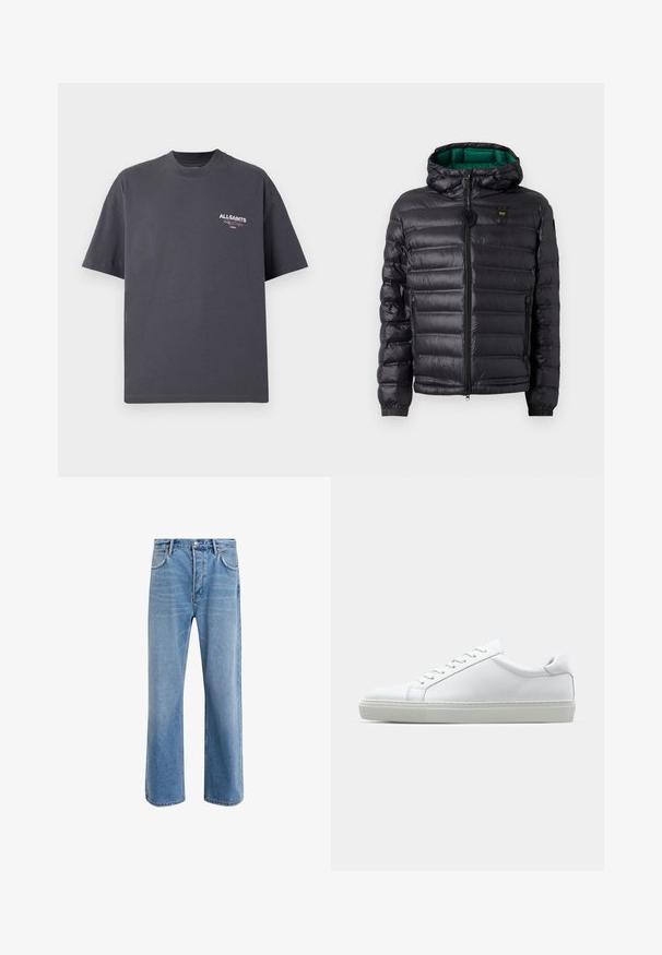 Chaqueta acolchada negra con capucha, acabado brillante, forro verde, cremallera y puños elásticos. Incluye logo de la marca en el pecho.; Camiseta de algodón gris oscuro con cuello redondo, mangas cortas y un logo de "All Saints" en blanco y rojo en el pecho. Diseño simple.; Jeans de mezclilla azul claro con un diseño de pierna recta, cinco bolsillos, cierre de botón, ligeramente desgastados y detalles de costura en contraste.; Zapatilla blanca con parte superior de cuero liso y perfil bajo. Presenta una puntera redondeada, seis ojales y una suela de goma texturizada.