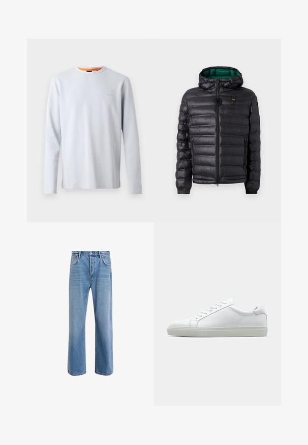 Černá prošívaná bunda s kapucí, lesklým povrchem, zelenou podšívkou, zapínáním na zip a elastickými manžetami. Obsahuje značkové logo na hrudi.; Světle modrá košile s dlouhými rukávy vyrobená z texturované látky, s kulatým výstřihem a oranžovým akcentem na límci, s nenápadným logem na hrudi.; Světle modré džínové kalhoty s rovnými nohavicemi, pěti kapsami, zapínáním na knoflík, minimálním vyblednutím a kontrastním prošitím.; Bílé tenisky s hladkým koženým svrškem a nízkým profilem. Mají zaoblenou špičku, šest nýtů a texturovanou gumovou podrážku.