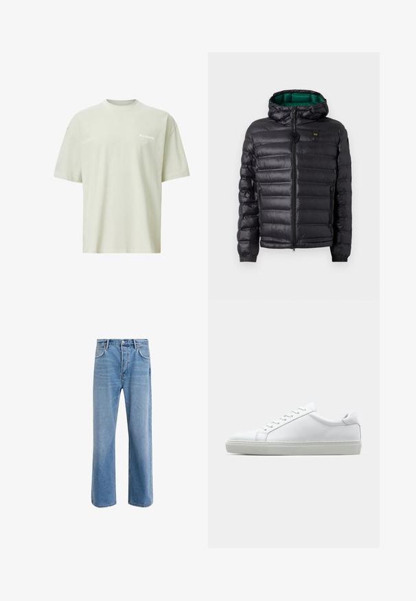 Chaqueta acolchada negra con capucha, acabado brillante, forro verde, cremallera y puños elásticos. Incluye logo de la marca en el pecho.; Camiseta de algodón verde claro con mangas cortas, cuello redondo y pequeño logo blanco en la parte izquierda del pecho; diseño de corte relajado.; Jeans de mezclilla azul claro con un diseño de pierna recta, cinco bolsillos, cierre de botón, ligeramente desgastados y detalles de costura en contraste.; Zapatilla blanca con parte superior de cuero liso y perfil bajo. Presenta una puntera redondeada, seis ojales y una suela de goma texturizada.