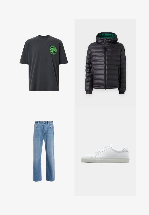 Black padded jacket with a hood, featuring a glossy finish, green lining, zip closure, and elastic cuffs. Includes branded logo on chest.; Gray cotton t-shirt with short sleeves, crew neck, featuring a circular green logo on the left chest area. Smooth texture.; Light blue denim jeans with a straight-leg design, five pockets, button closure, minimal fading, and contrasting stitching details.; White sneaker with a smooth leather upper and a low profile. Features a rounded toe, six eyelets, and a textured rubber sole.