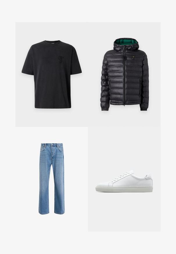 Mustat puhvitakit, joissa on tikattu muotoilu, huppu ja vihreä sisäosa. Keskellä on vetoketju ja logo-yksityiskohtia etuosassa.; Musta puuvillane T-särgis lühikeste varrukatega, ümar kaelus ja diskreetne tikandiga logo vasakul rinnal. Sile tekstuur, mugav lõige.; Vaaleansiniset farkut suoranlahkeisella muotoilulla, viisi taskua, nappisuljenta, vähäinen kuluminen ja kontrastiväriset ompeluyksityiskohdat.; Valkoinen tennari, jossa on sileä nahkapäällinen ja matala profiili. Ominaisuuksiin kuuluu pyöreä kärki, kuusi rei'itystä ja teksturoitu kumipohja.