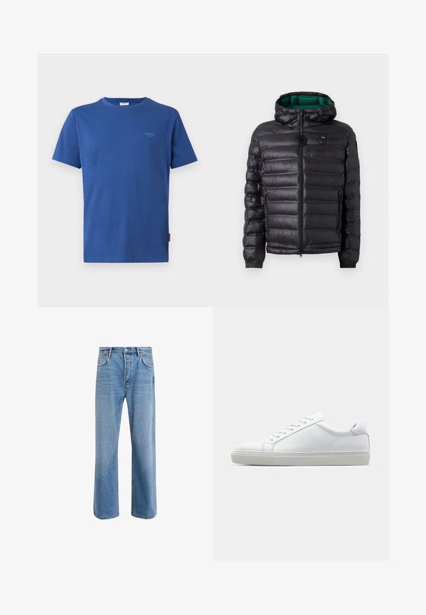 Svart vaddertejakke med hette, som har en blank finish, grønt fôr, glidelåslukking og elastiske mansjetter. Inkluderer merkevarelogo på brystet.; Blå T-skjorte med korte ermer laget av bomull med rund hals. Har en liten, lyseblå logo på brystet og et merke på siden.; Lys blå denimjeans med rett ben-design, fem lommer, knappeåpning, minimal falming og kontrasterende sømdetaljer.; Hvit sneakers med en glatt skinnoverdel og lav profil. Har en rund tå, seks snøring hull, og en teksturert gummisåle.