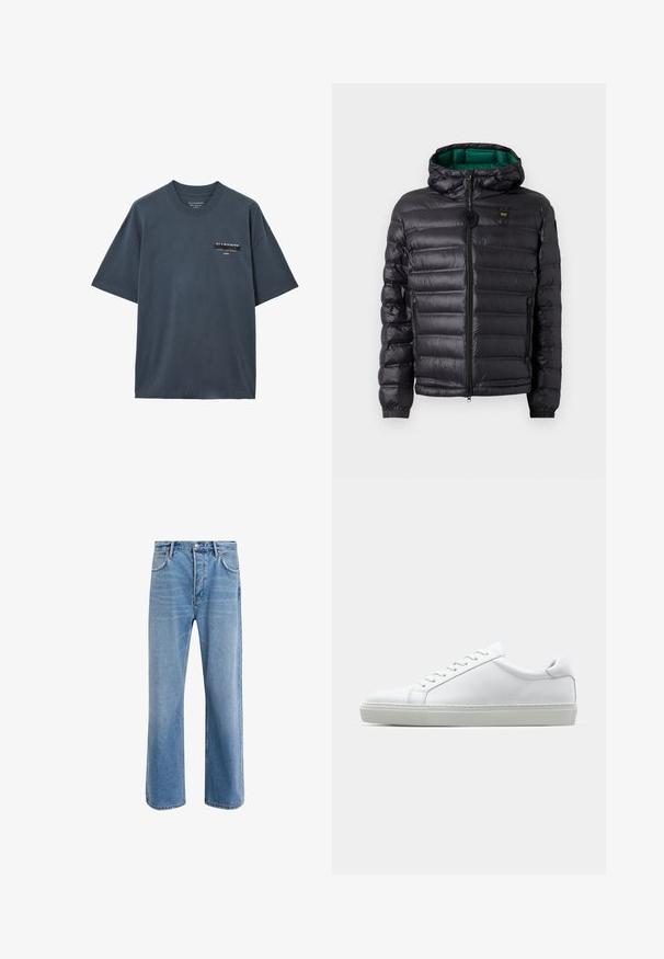 Čierna prešívaná bunda s kapucňou, s lesklým povrchom, zeleným vnútrom, zapínaním na zips a elastickými manžetami. Obsahuje značkové logo na hrudi.; Tmavošedé tričko s krátkym rukávom a okrúhlym výstrihom so malým bielym a čiernym logom AllSaints a textom na hornej ľavej časti hrude.; Svetlo modré denimové džínsy so strihom rovného nohu, päť vreciek, zapínanie na gombík, minimálne vyblednutie a kontrastné švy.; Biele tenisky s hladkým koženým zvrškom a nízkym profilom. Majú zaoblenú špičku, šesť očiek a štruktúrovanú gumovú podrážku.