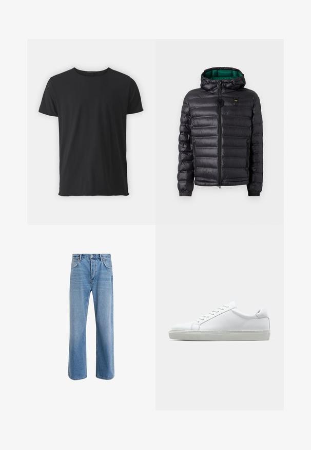 Svart vaddertejakke med hette, som har en blank finish, grønt fôr, glidelåslukking og elastiske mansjetter. Inkluderer merkevarelogo på brystet.; Sort t-skjorte med korte ermer laget av myk bomull, med en klassisk rund hals og en glatt tekstur, og en rett fasong.; Lys blå denimjeans med rett ben-design, fem lommer, knappeåpning, minimal falming og kontrasterende sømdetaljer.; Hvit sneakers med en glatt skinnoverdel og lav profil. Har en rund tå, seks snøring hull, og en teksturert gummisåle.