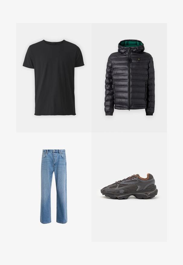 Črna podložena jakna s kapuco, z bleščečim zaključkom, zeleno podlogo, zadrgo in elastičnimi manšetami. Vključuje znamko logotipa na prsih.; Črna kratka majica s kratkimi rokavi, narejena iz mehke bombažne tkanine, z klasičnim okroglim izrezom in gladko teksturo, v ravnem kroju.; Svetlo modre denim kavbojke s ravno nogavico, petimi žepi, z gumbom za zapiranje, minimalnim zbledelostjo in kontrastnimi šivi.; Lacoste teniske v temno sivi barvi z mrežasto in sintetično prevleko, s teksturiranim podplatom in rjavimi detajli na ovratniku ter blagovni znamki.