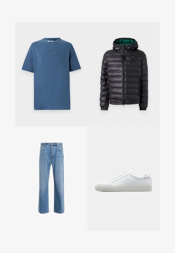 Chaqueta de plumas negra con un diseño acolchado, capucha y interior verde. Presenta un cierre central y detalles del logotipo en la parte superior delantera.; Camiseta de algodón azul con escote redondo, mangas cortas y un diseño de texto sutil en tonos más oscuros. Ajuste simple y relajado, sin patrones.; Jeans de mezclilla azul claro con un diseño de pierna recta, cinco bolsillos, cierre de botón, ligeramente desgastados y detalles de costura en contraste.; Zapatilla blanca con parte superior de cuero liso y perfil bajo. Presenta una puntera redondeada, seis ojales y una suela de goma texturizada.