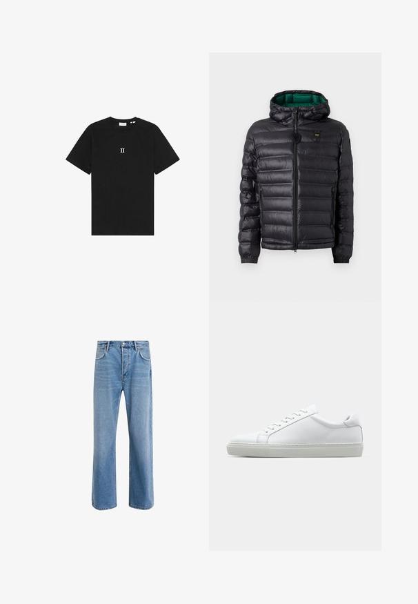 Čierna prešívaná bunda s kapucňou, s lesklým povrchom, zeleným vnútrom, zapínaním na zips a elastickými manžetami. Obsahuje značkové logo na hrudi.; Čierne bavlnené tričko s krátkymi rukávmi a okrúhlym výstrihom. Na hrudi je umiestnený biely potlačený text "II."; Svetlo modré denimové džínsy so strihom rovného nohu, päť vreciek, zapínanie na gombík, minimálne vyblednutie a kontrastné švy.; Biele tenisky s hladkým koženým zvrškom a nízkym profilom. Majú zaoblenú špičku, šesť očiek a štruktúrovanú gumovú podrážku.