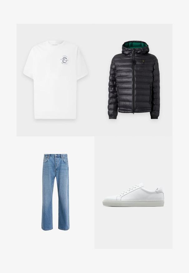 Veste matelassée noire avec capuche, finition brillante, doublure verte, fermeture éclair et poignets élastiques. Comprend un logo de marque sur la poitrine.; T-shirt blanc à manches courtes avec un col ras du cou, présentant un petit graphique bleu sur le côté gauche de la poitrine portant l'inscription "Los Angeles CA 1981 Track & Field".; Jeans en denim bleu clair avec une coupe droite, cinq poches, fermeture à bouton, peu d'usure et des détails de couture contrastés.; Sneaker blanche avec une tige en cuir lisse et un profil bas. Présente un bout arrondi, six œillets et une semelle en caoutchouc texturé.