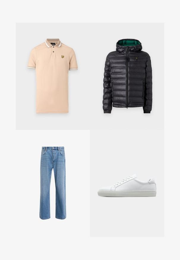 Juoda paminkštinta striukė su gobtuvu, blizgiu paviršiumi, žaliu pamušalu, užtrauktuku ir elastinėmis rankogaliais. Krūtinės srityje yra prekės ženklo logotipas.; Smėlio spalvos polo marškinėliai, pagaminti iš medvilnės, su dviejų sagų užsegimu, baltais dryžuotais akcentais ant apykaklės ir rankovių, bei geltonu logotipu ant krūtinės.; Šviesiai mėlyni džinsai su tiesiu kirpimu, penkios kišenės, mygtuko užsegimas, minimalus blukimas ir kontrastingi siuvimo detalės.; Baltas sportinis batelis su lygiu odiniu paviršiumi ir žemu profiliu. Turi suapvalintą pirštą, šešis akių skyrius ir tekstūruotą gumos padą.