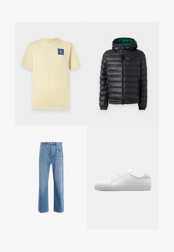 Černá prošívaná bunda s kapucí, lesklým povrchem, zelenou podšívkou, zapínáním na zip a elastickými manžetami. Obsahuje značkové logo na hrudi.; Krátký rukáv, žluté bavlněné tričko s modrým čtvercovým logem s nápisem "cK" na levé části hrudi. Klasický design s kulatým výstřihem.; Světle modré džínové kalhoty s rovnými nohavicemi, pěti kapsami, zapínáním na knoflík, minimálním vyblednutím a kontrastním prošitím.; Bílé tenisky s hladkým koženým svrškem a nízkým profilem. Mají zaoblenou špičku, šest nýtů a texturovanou gumovou podrážku.