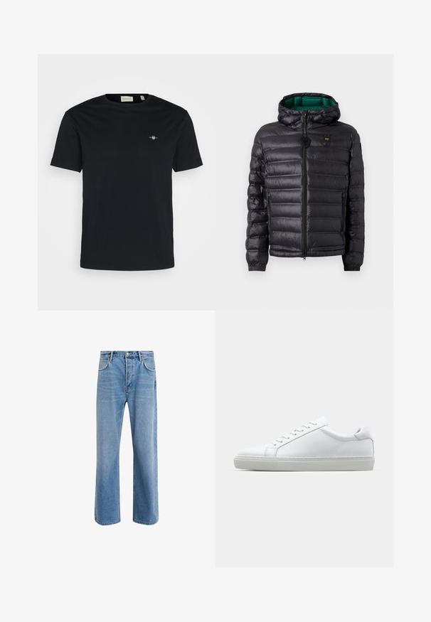 Mustast polsterdatud jope kapuutsiga, läikiva viimistlusega, rohelise voodriga, tõmblukuga ja elastsete mansettidega. Rinnal on brändi logo.; Must musta t-särk, ümmarguse kaelusega, lühikeste varrukatega ja väikese logoga rinnal. Sile tekstuur, tavaline lõige ja nähtamatud mustrid.; Heledad sinine teksapüksid otse lõikega, viie taskuga, nupuga sulgemine, minimaalne kulumine ja kontrastsed õmbluse detailid.; Valge tennisetoss, millel on sile nahk pealis ja madal profiil. Omab ümarat ninaosa, kuut silmust ja tekstuuriga kummist talda.