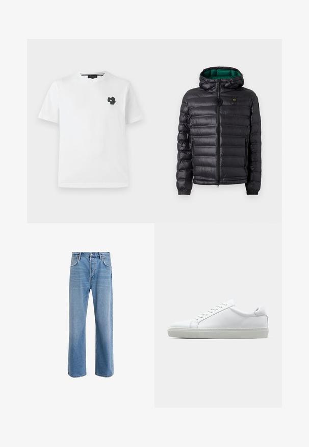 Chaqueta de plumas negra con un diseño acolchado, capucha y interior verde. Presenta un cierre central y detalles del logotipo en la parte superior delantera.; Camiseta de algodón blanca con cuello en V, que presenta un pequeño gráfico floral negro en la parte izquierda del pecho. Mangas cortas con un corte relajado.; Jeans de mezclilla azul claro con un diseño de pierna recta, cinco bolsillos, cierre de botón, ligeramente desgastados y detalles de costura en contraste.; Zapatilla blanca con parte superior de cuero liso y perfil bajo. Presenta una puntera redondeada, seis ojales y una suela de goma texturizada.