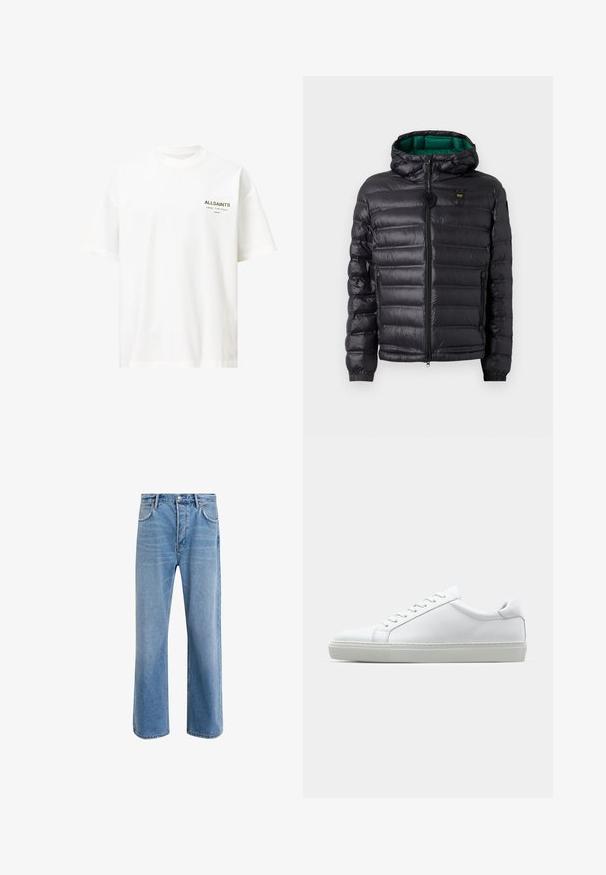 Black padded jacket with a hood, featuring a glossy finish, green lining, zip closure, and elastic cuffs. Includes branded logo on chest.; White cotton t-shirt with short sleeves, crew neck, and a small black and gold logo on the left chest. Straight hem at the bottom.; Light blue denim jeans with a straight-leg design, five pockets, button closure, minimal fading, and contrasting stitching details.; White sneaker with a smooth leather upper and a low profile. Features a rounded toe, six eyelets, and a textured rubber sole.