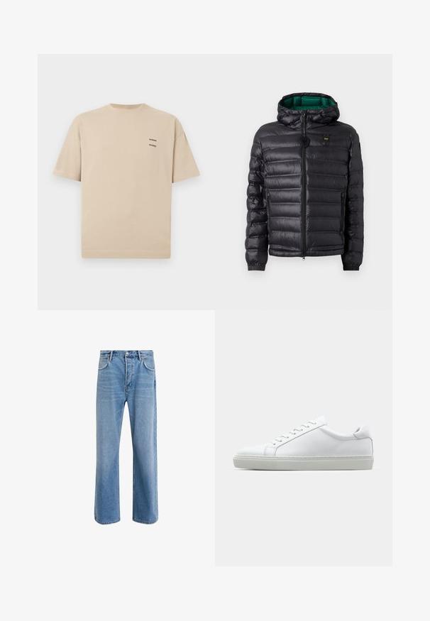 Giacca imbottita nera con cappuccio, finitura lucida, fodera verde, chiusura con zip e polsini elastici. Include logo marchiato sul petto.; T-shirt in cotone beige con scollatura rotonda e maniche corte. Presenta un piccolo logo testuale sul lato sinistro superiore. Design semplice e senza fronzoli.; Jeans in denim blu chiaro con design a gamba dritta, cinque tasche, chiusura con bottone, leggero sbiadimento e dettagli di cucitura a contrasto.; Sneaker bianco con tomaia in pelle liscia e profilo basso. Presenta una punta arrotondata, sei occhielli e una suola in gomma testurizzata.