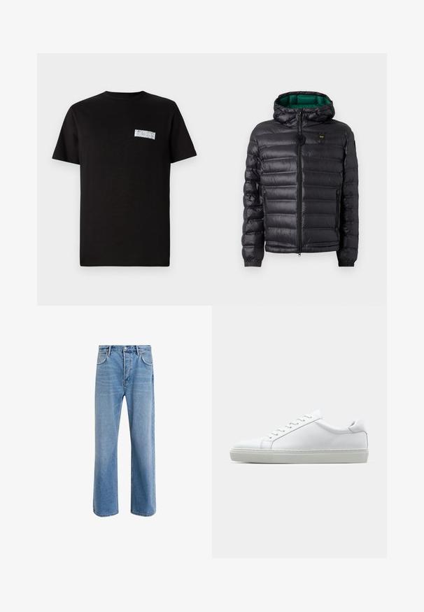 Geacă neagră matlasată cu glugă, cu finisaj lucios, căptușeală verde, închidere cu fermoar și manșete elastice. Include logo de marcă pe piept.; Tricou din bumbac negru cu decolteu rotund, mâneci scurte și un mic logo grafic alb pe zona stângă a pieptului.; Jeans din denim bleu deschis cu un design drept, cinci buzunare, închidere cu buton, decolorare minimă și detalii de cusătură în contrast.; Adidași albi cu o suprafață din piele netedă și un profil jos. Au un vârf rotunjit, șase orificii pentru șireturi și o talpă din cauciuc texturată.