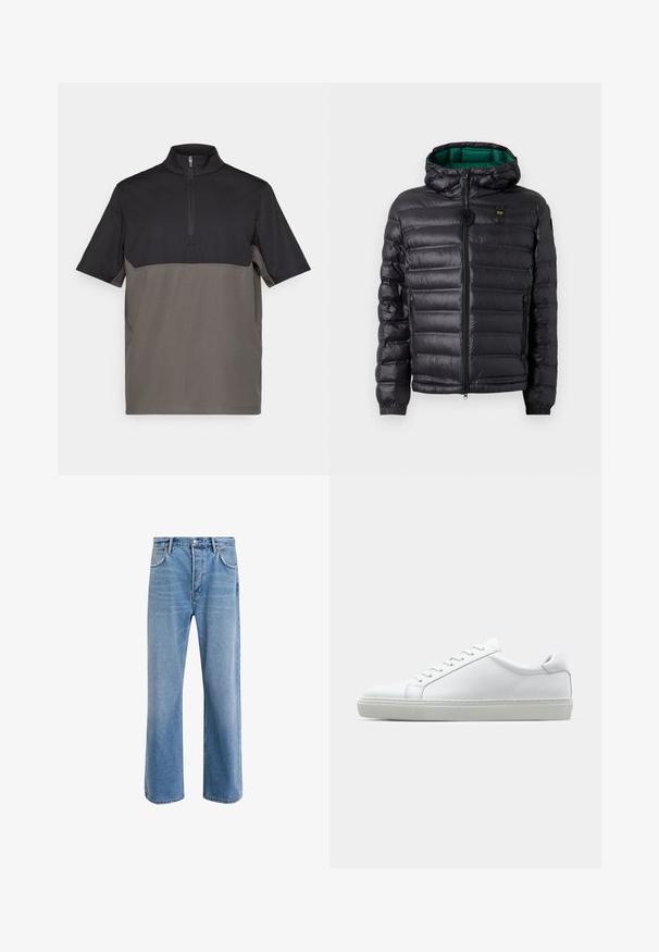 Černá prošívaná bunda s kapucí, lesklým povrchem, zelenou podšívkou, zapínáním na zip a elastickými manžetami. Obsahuje značkové logo na hrudi.; Polo tričko s krátkým rukávem a polozipem, s černou horní částí a šedou dolní částí, vyrobené z hladké tkaniny s minimálním počtem švů.; Světle modré džínové kalhoty s rovnými nohavicemi, pěti kapsami, zapínáním na knoflík, minimálním vyblednutím a kontrastním prošitím.; Bílé tenisky s hladkým koženým svrškem a nízkým profilem. Mají zaoblenou špičku, šest nýtů a texturovanou gumovou podrážku.