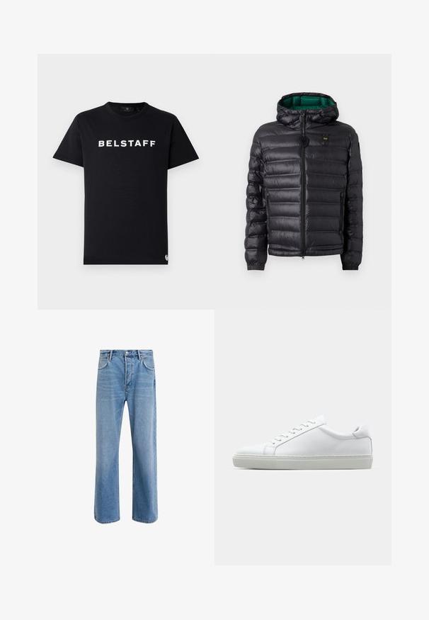 Giacca imbottita nera con cappuccio, finitura lucida, fodera verde, chiusura con zip e polsini elastici. Include logo marchiato sul petto.; T-shirt in cotone nero con scollatura rotonda, maniche corte e logo "BELSTAFF" stampato in bianco sul petto.; Jeans in denim blu chiaro con design a gamba dritta, cinque tasche, chiusura con bottone, leggero sbiadimento e dettagli di cucitura a contrasto.; Sneaker bianco con tomaia in pelle liscia e profilo basso. Presenta una punta arrotondata, sei occhielli e una suola in gomma testurizzata.
