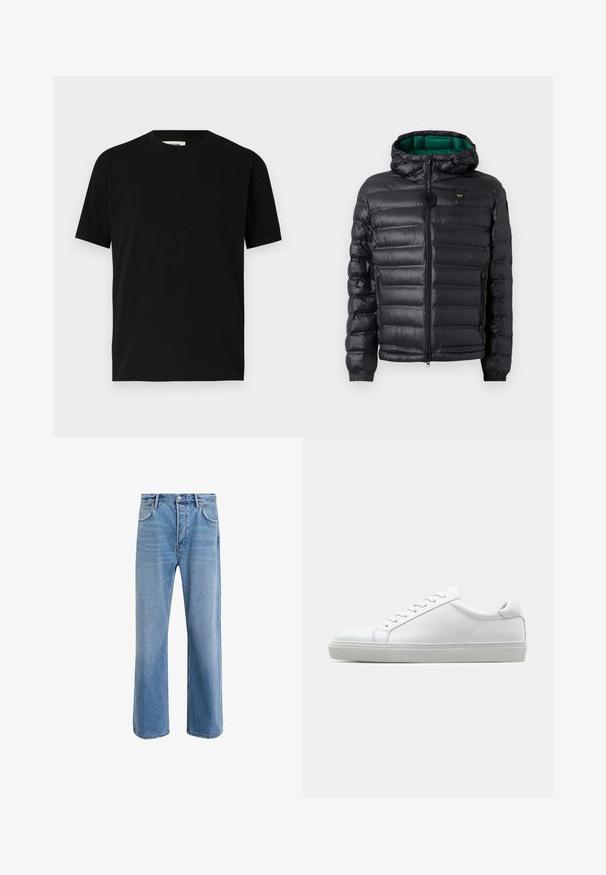 Svart vaddertejakke med hette, som har en blank finish, grønt fôr, glidelåslukking og elastiske mansjetter. Inkluderer merkevarelogo på brystet.; Svart kortermet T-skjorte laget av bomull med rund hals og løs passform. Glatt tekstur, ingen mønstre eller synlige logoer.; Lys blå denimjeans med rett ben-design, fem lommer, knappeåpning, minimal falming og kontrasterende sømdetaljer.; Hvit sneakers med en glatt skinnoverdel og lav profil. Har en rund tå, seks snøring hull, og en teksturert gummisåle.