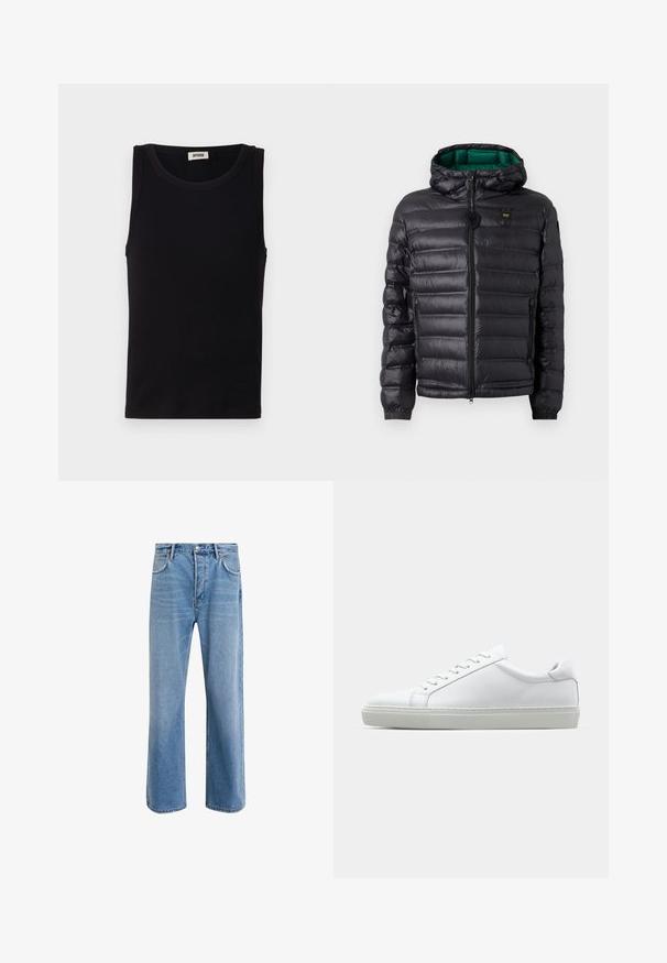 Giacca imbottita nera con cappuccio, finitura lucida, fodera verde, chiusura con zip e polsini elastici. Include logo marchiato sul petto.; Top nero senza maniche realizzato in soffice cotone. Presenta un collo rotondo e una silhouette dritta, con dettagli di cucitura minimi.; Jeans in denim blu chiaro con design a gamba dritta, cinque tasche, chiusura con bottone, leggero sbiadimento e dettagli di cucitura a contrasto.; Sneaker bianco con tomaia in pelle liscia e profilo basso. Presenta una punta arrotondata, sei occhielli e una suola in gomma testurizzata.