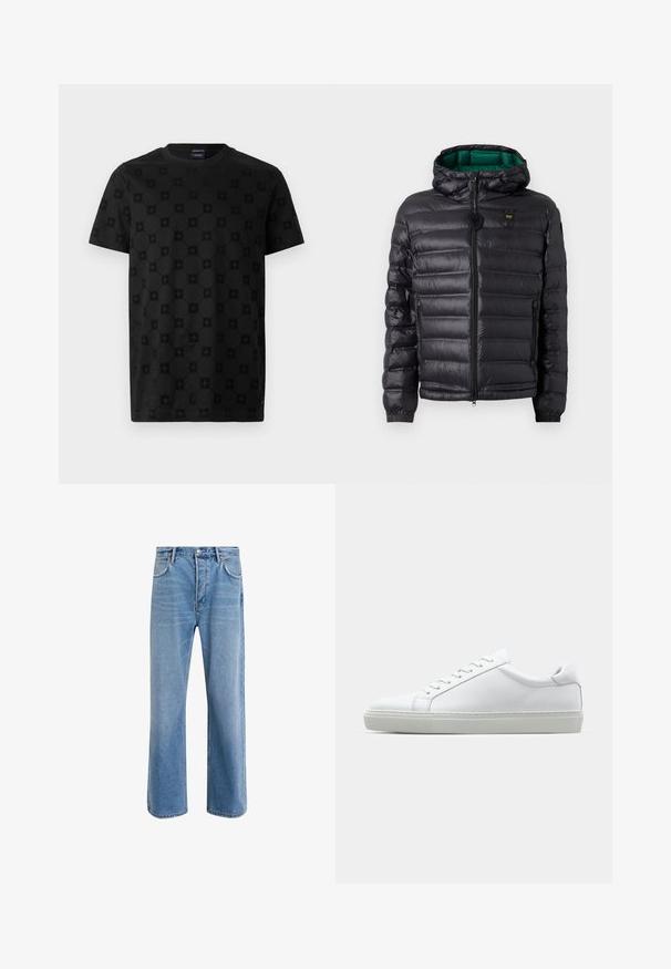 Melnā pūkainā jakā ar kvadrātu dizainu, kapuci un zaļu iekšpusi. Tam ir centrāla rāvējslēdzēja aizdare un logotipa apdare augšējā priekšā.; Melna T-kreklu ar strukturētu apļveida un ziedu rakstu, īsām piedurknēm un apaļu kakla izgriezumu. Izgatavots no mīksta kokvilnas materiāla.; Gai zilas džinsu bikses ar taisnām kājām, piecām kabatām, pogu aizvēršanu, minimālu izbalēšanu un kontrastējošiem šuvju elementiem.; Baltie sporta apavi ar gludu ādas virsu un zemu profilu. Iezīmējas ar noapaļotu purngalu, sešām acīm un teksturētu gumijas zoli.