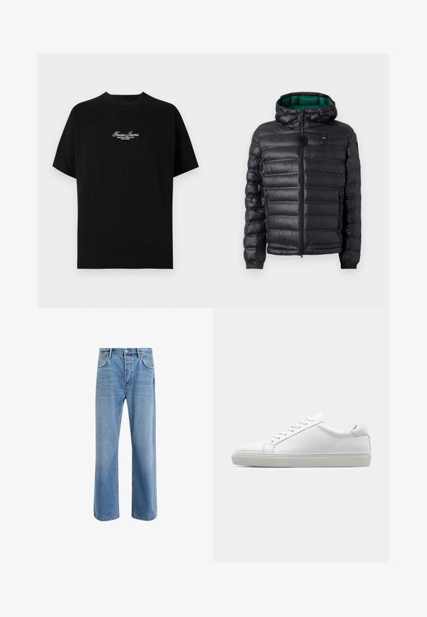 Svart puffjakke med quiltet design, hette og grønn innside. Har en sentral glidelås og logo detaljer på øvre front.; Svart kortermet t-skjorte laget av bomull. Har hvit brodert tekst "Guess Jeans American Tradition California" på brystet.; Lys blå denimjeans med rett ben-design, fem lommer, knappeåpning, minimal falming og kontrasterende sømdetaljer.; Hvit sneakers med en glatt skinnoverdel og lav profil. Har en rund tå, seks snøring hull, og en teksturert gummisåle.