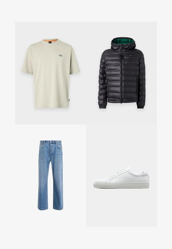 Sort polstret jakke med hætte, der har en blank finish, grøn foring, lynlås og elastiske ærmeafslutninger. Indeholder logo med mærke på brystet.; Lysegrå bomulds T-shirt med rund hals, korte ærmer og et lille blåt "BOSS" logo på venstre bryst. Glat tekstur.; Lyseblå denim jeans med lige ben-design, fem lommer, knaplukning, minimal falming og kontraststingdetaljer.; Hvide sneakers med en glat læderoverdel og lav profil. Har en rund tå, seks snørehuller og en tekstureret gummisål.