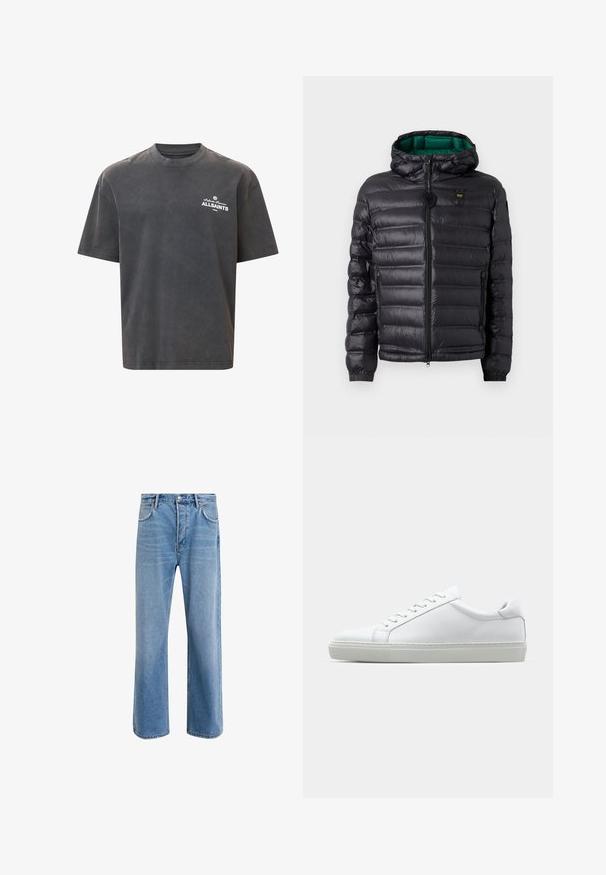 Musta toppatakki hupulla, jossa kiiltävä pinta, vihreä vuori, vetoketjusuljenta ja joustavat hihansuut. Rinnassa merkitty logo.; Tummanharmaa ylipitkä t-paita, puuvillamateriaalia, lyhyet hihat, pyöreä kaula-aukko, vasemmassa rinnassa valkoinen "ALLSAINTS"-logo, hienovarainen teksturoitu pinta.; Vaaleansiniset farkut suoranlahkeisella muotoilulla, viisi taskua, nappisuljenta, vähäinen kuluminen ja kontrastiväriset ompeluyksityiskohdat.; Valkoinen tennari, jossa on sileä nahkapäällinen ja matala profiili. Ominaisuuksiin kuuluu pyöreä kärki, kuusi rei'itystä ja teksturoitu kumipohja.