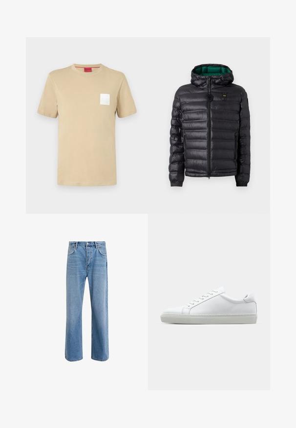 Svart vadderad jacka med huva, blank yta, grön foder, dragkedja och elastiska muddar. Inkluderar märkeslogo på bröstet.; Beige bomulls t-shirt med kort ärm, rund halsringning och vit fyrkantig logotyp på vänster bröst. Slät textur, avslappnad design.; Ljust blå denimjeans med rak passform, fem fickor, knappstängning, minimal blekning och kontrasterande sömdetaljer.; Vit sneaker med en slät läderövre och låg profil. Har en rundad tå, sex snörhål och en strukturerad gummisula.