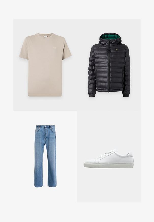 Black padded jacket with a hood, featuring a glossy finish, green lining, zip closure, and elastic cuffs. Includes branded logo on chest.; Short-sleeve beige t-shirt made of cotton. Features a crew neck and a small logo printed on the upper left side. Smooth texture.; Light blue denim jeans with a straight-leg design, five pockets, button closure, minimal fading, and contrasting stitching details.; White sneaker with a smooth leather upper and a low profile. Features a rounded toe, six eyelets, and a textured rubber sole.