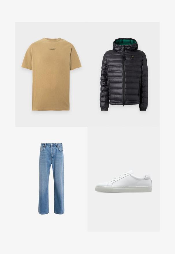 Veste matelassée noire avec capuche, finition brillante, doublure verte, fermeture éclair et poignets élastiques. Comprend un logo de marque sur la poitrine.; T-shirt à manches courtes de couleur beige clair, fabriqué en coton. Doté d'un col rond et d'un texte de marque imprimé au dos.; Jeans en denim bleu clair avec une coupe droite, cinq poches, fermeture à bouton, peu d'usure et des détails de couture contrastés.; Sneaker blanche avec une tige en cuir lisse et un profil bas. Présente un bout arrondi, six œillets et une semelle en caoutchouc texturé.