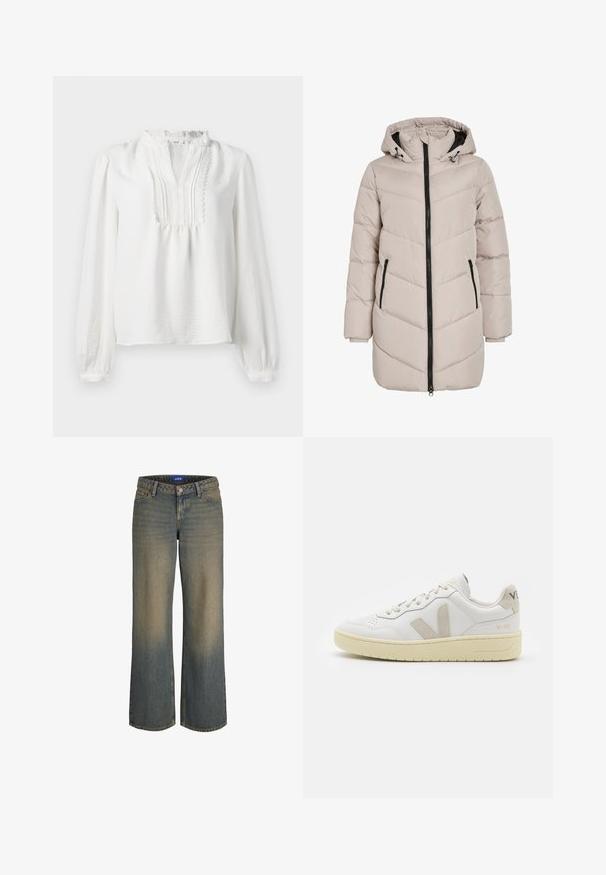 Hele beez värvi polsterdatud jakk kapuutsiga, chevron-mustriga, musta tõmbluku ja kahe küljetaskuga. Kangas on sileda tekstuuriga.; Valge pika varrukaga pluus volangkaeluse, pleeritud esiosaga ja elastsete mansettidega. Pehme kangas, millel on kergelt tekstuuriline viimistlus.; Laiad sinised denim püksid, millel on heledast tumedani gradient, viie tasku disain ja nööpidega sulgemine. Õmblustähtsused servadel.; Valge nahast tenniseking, millel on beežist siidist aktsent ja aukudega varvas, lame paelad ja tekstureeritud koorevärvi tallad. Omab nüansirikast brändimist kannal.