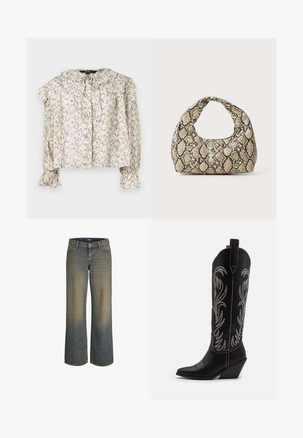 Ανοιχτό καφέ επενδεδυμένο παλτό με κουκούλα, με σχέδιο ζιγκ-ζαγκ, μαύρο φερμουάρ και δύο πλαϊνές τσέπες. Το ύφασμα έχει λεία υφή.; Ελαφρύ, κρεμ μπλουζάκι με μικρή λουλουδάτη εκτύπωση. Διαθέτει φρουφρού κολάρο, λεπτομέρεια με κορδόνι και συγκεντρωμένα μανίκια με φαρδιές μανσέτες. Πέντε κουμπιά.; Πλατύς-πόδος μπλε τζιν με ελαφριά έως σκούρα κλίμακα χρωμάτων, σχέδιο πέντε τσέπης και κλείσιμο με κουμπί. Ραμμένες λεπτομέρειες στις άκρες.; Μαύρες δερμάτινες καουμπόικες μπότες με μυτερούς δείκτες, πέλματα τύπου wedge και ασημένια κεντημένα λουλούδια κατά μήκος του κορμού. Αντίθετη ραφή παντού.; Τσάντα σε σχέδιο φίδι με καμπυλωτή λαβή. Φτιαγμένη από υλικά με υφή, σε μπεζ και καφέ αποχρώσεις, με ξεχωριστό διαμαντένιο σχέδιο.