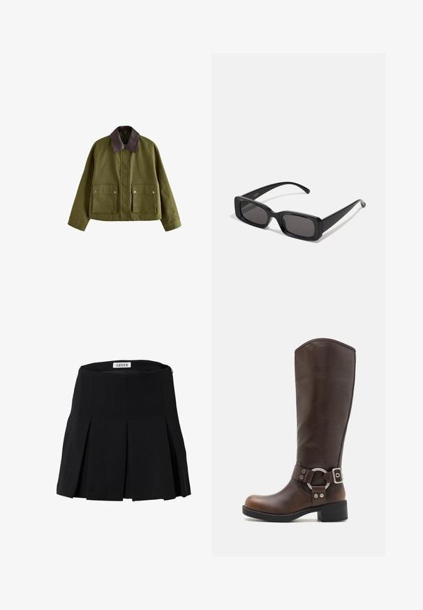 Olivgrüne Jacke mit einem braunen Lederkragen, ausgestattet mit zwei vorderen Taschen, einem Reißverschluss und einer lockeren Passform. Glatte Textur.; Olivgrüner Strickpullover mit Rundhalsausschnitt, langen Ärmeln und geripptem Saum. Verfügt über ein kurzes Design mit einer weichen, strukturierten Oberfläche.; Schwarzer, plissierter Rock mit hoher Taille, aus glattem Stoff gefertigt. Verfügt über einen Reißverschluss auf der Rückseite und ein sauberes, strukturiertes Design.; Braune Leder-Knöchelstiefel mit einer runden, metallischen Akzent und Schnalle. Leicht strukturierte Oberschicht, gestapelter Absatz und runde Zehenform.; Schwarze rechteckige Sonnenbrille mit dunklen Gläsern, glänzender Oberfläche, breiten Bügeln und einem klobigen Rahmen-Design. Gravierter Markenname auf einem Bügel.