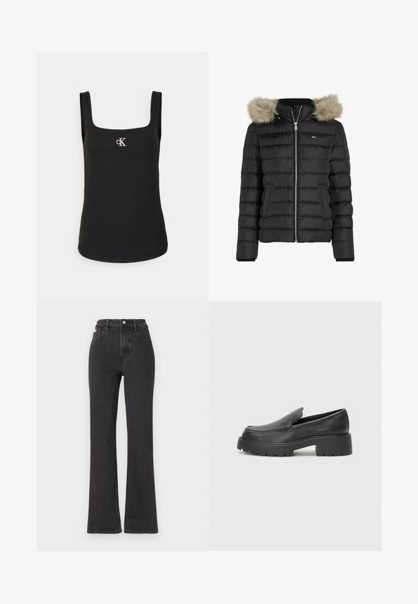 Juodas pūkuotas švarkas su horizontaliu siuvinėjimo raštu, užtrauktuko uždarymu, dviem šoninėmis kišenėmis ir nuimamu kailiniu kapšeliu. Minkšta tekstūra.; Juodas tankas su kvadratine iškirpte, ruožuota tekstūra ir mažuoju baltu "cK" logotipu ant krūtinės, turintis plačius petnešas.; Juodi aukštu liemeniu platėjantys džinsai, pagaminti iš džinsinio audinio, su mygtuko uždarymu, diržo kilpomis ir šoninėmis kišenėmis. Lygus paviršius su minimaliais išblukimais.; Juodi odiniai loaferiai su apvaliu pirštu, storu tekstūruotu padu ir minimaliu siūlių dekoru. Išskirtinis dizainas be matomų raištelių ar furnitūros.
