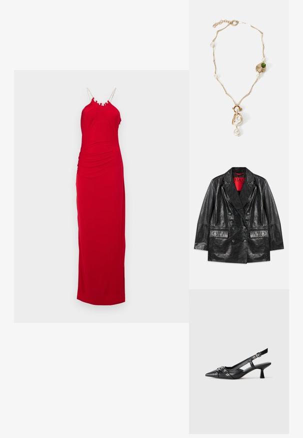 Schwarze Kunstleder-Doppelreiher-Blazer mit spitzen Revers, zwei Fronttaschen und einer glatten, glänzenden Textur. Rote Fütterung sichtbar im Inneren.; Hervé Léger THE GENEVIEVE GOWN - Maxikleid - cardinal; Schwarzer Leder-Slingback-Schuh mit spitz zulaufender Zehenpartie, dekorativen Riemen mit METALLÖSEN und niedrigem Blockabsatz. Strukturelle Oberfläche.; Halskette in Goldton mit verdrehten Gliedern, weißen Perlen und einem grünen Steinelement. Verfügt über filigrane Details und einen Verschluss zum Schließen.