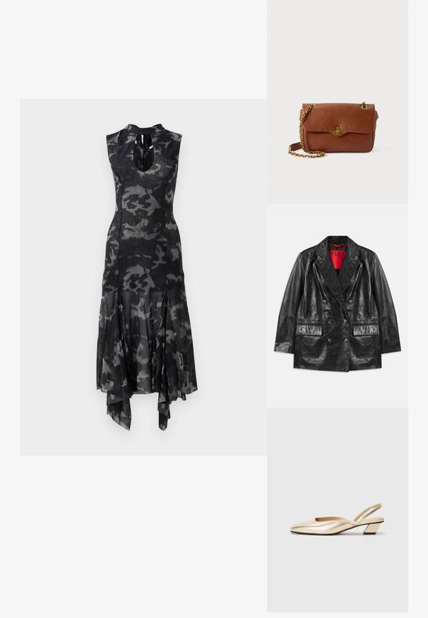 Blazer noir en simili cuir à double boutonnage avec revers en pointe, deux poches avant et une texture lisse et brillante. Doublure rouge visible à l'intérieur.; Robe midi sans manches noire et grise en camouflage avec un col haut, un devant en keyhole, une taille ajustée et un ourlet évasé asymétrique.; Escarpins slingback en or métallique avec un bout pointu, un petit talon carré et une texture lisse. Design minimaliste avec un détail découpé sur le côté.; Sac en cuir marron à bandoulière avec une fermeture à rabat, quincaillerie dorée et une anse en chaîne. Texture lisse, forme rectangulaire, détails minimalistes.