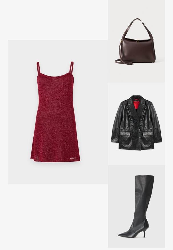 Black faux leather double-breasted blazer with peaked lapels, two front pockets, and a smooth, glossy texture. Red lining visible inside.; Red sparkly dress with thin straps, A-line shape, and a smooth texture. Details include a rounded neckline and a flared bottom.; Knee-high black leather boots with a pointed toe and a slim stiletto heel. Smooth texture with a fitted design and stitching at the top edge.; Brown leather handbag with a structured shape, featuring a single top handle and a detachable shoulder strap. Gold-tone hardware detail.