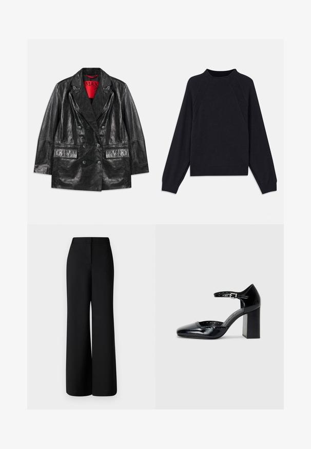 Crna umetna kožna blazer jakna s dvostrukim kopčanjem i oštrim reverima, dva prednja džepa i glatka, sjajna tekstura. Crvena podstava vidljiva iznutra.; Tamno plavi pulover s okruglim izrezom, dugim raglan rukavima, rebrastim manžetama i ravnim donjim rubom. Izrađen od mekog, teksturiranog pletenog materijala.; MAX&Co. BRIVIDO - Hlače - schwarz; Crne lakirane cipele s visokom potpeticom, kvadratnim vrhom, kaišem oko gležnja i debelim potpeticama. Sadrže perforirane detalje uz rub.