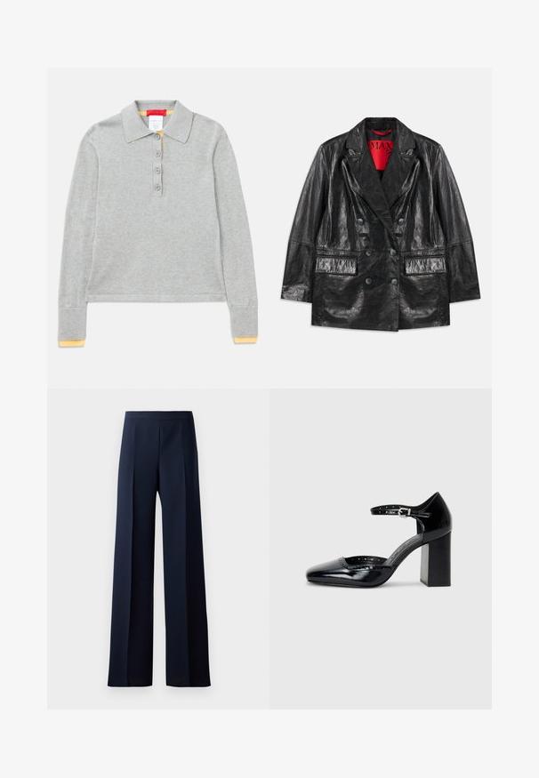 Juodas dirbtinės odos dvigubos eilės švarkas su iškiliais atlapais, dviem priekinėm kišenėm ir lygiu, blizgančiu paviršiumi. Matoma raudona pamušalo spalva viduje.; Pilkas ilgomis rankovėmis polo marškinėliai su apykakle, turintys keturis priekinio užsegimo mygtukus ir raukšlėmis baigtas rankoves su geltonu akcentu.; Plati kelnių juodos tamsios spalvos audinys, turintis lygų paviršių, subtilius priekinius raukšlės ir prigludusią liemenėlę, užtikrinančias elegantišką siluetą.; Juodos lakuotos aukštakulnės bateliai su kvadratine nosimi, kulkšnies dirželiu ir masyviu kulnu. Apima perforuotus detalizavimus aplink kraštą.