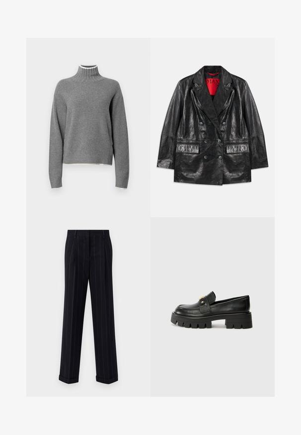 Sort faux læder dobbeltbrystet blazer med spidse revers, to forlommer og en glat, blank overflade. Rød foring synlig indeni.; Grå ribbet rullekrave sweater med lange ærmer. Udstyret med en hvid kant ved kraven og en let cropped kant. Blød tekstur.; Sorte pinstripede bukser med en skræddersyet pasform, der har en manchetkant og frontfolder. Lavet af glat stof med et struktureret design.; Sorte læder loafers med en kraftig sål, prydet med en guldfarvet detalje på fronten og en glat finish. Kraftigt mønster designet på sålen.