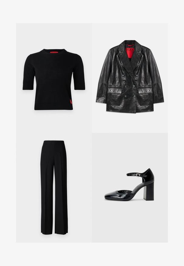 Blazer duplo em couro sintético preto com lapelas pontiagudas, dois bolsos frontais e uma textura lisa e brilhante. Forro vermelho visível no interior.; Top de malha preto de manga curta com decote redondo. Apresenta uma etiqueta de logo vermelha do lado esquerdo e punhos canelados. Textura suave.; Calças largas pretas com uma textura suave, apresentando uma cintura alta e pregas centrais. Sem padrões visíveis ou detalhes em metal.; Sapatos de salto alto em pele envernizada preta, com bico quadrado, tira no tornozelo e salto robusto. Inclui detalhes perfurados ao longo da borda.