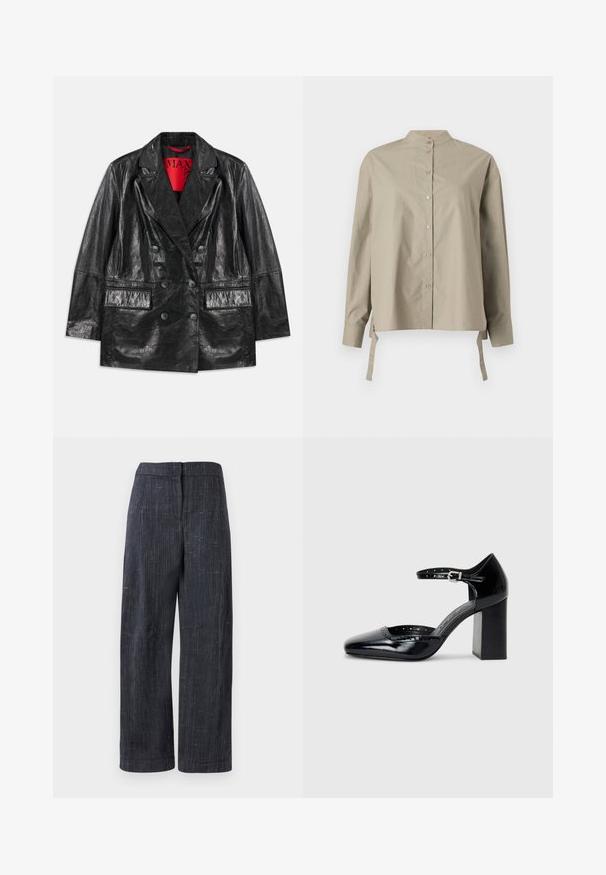 Black faux leather double-breasted blazer with peaked lapels, two front pockets, and a smooth, glossy texture. Red lining visible inside.; Beige button-up shirt with a mandarin collar, long sleeves, and side ties. Made of smooth fabric, featuring a relaxed fit and simple design.; Dark gray wide-leg pants with subtle textured weave, high waist, and concealed front closure.; Black patent leather high-heeled shoes with a square toe, ankle strap, and a chunky heel. Includes perforated detailing along the rim.