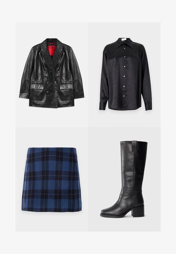Juodas dirbtinės odos dvigubos eilės švarkas su iškiliais atlapais, dviem priekinėm kišenėm ir lygiu, blizgančiu paviršiumi. Matoma raudona pamušalo spalva viduje.; Juodas ilgarankovis marškinis su apykakle, turintis plėšyta tekstūra, visiško mygtukų uždarymo priekyje ir rankogaliais. Pagamintas iš lygaus audinio.; Tamsiai mėlynos ir jūros mėlynos spalvos languota mini sijonas, pagamintas iš minkštos medžiagos su šiek tiek tekstūruotu paviršiumi. Turi tiesų siluetą ir švarias linijas.; Juodos odinės iki kelių siekiančios botai su lygiu paviršiumi, kvadratiniu pirštu, storu kulnu ir šoniniu kilputė, su minimaliais siuvimo akcentais.