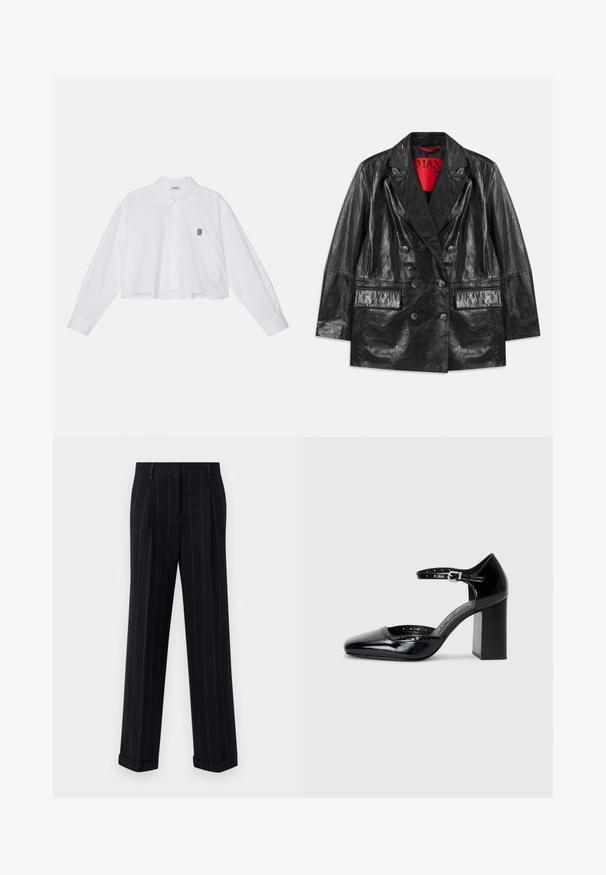 Blazer negro de imitación cuero con solapas de pico, dos bolsillos frontales y una textura suave y brillante. Forro rojo visible en el interior.; Camisa blanca de botones corta con mangas largas, que presenta un cuello clásico y un pequeño logotipo negro bordado en el lado izquierdo del pecho.; Pantalones a rayas negras con un corte ajustado, que cuentan con un dobladillo prensado y pliegues en la parte delantera. Fabricados con un tejido suave y un diseño estructurado.; Zapatos de charol negro de tacón alto con punta cuadrada, correa en el tobillo y tacón grueso. Incluye detalles perforados a lo largo del borde.