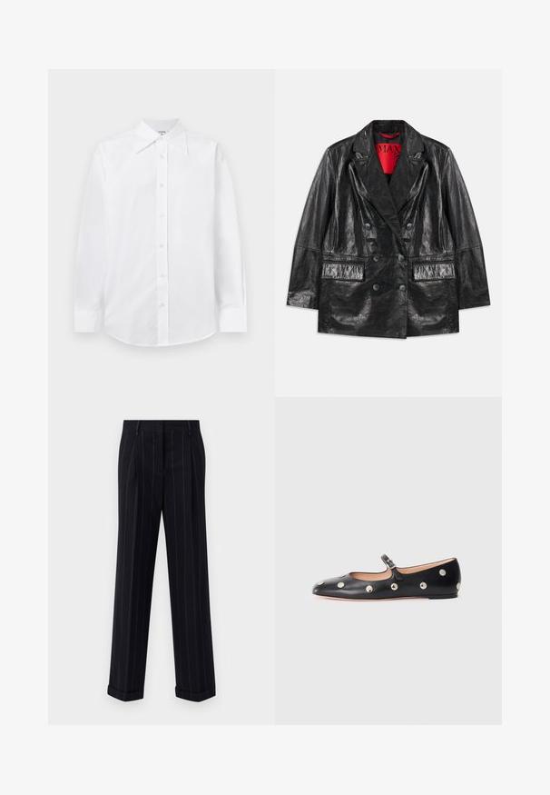 Blazer negro de imitación cuero con solapas de pico, dos bolsillos frontales y una textura suave y brillante. Forro rojo visible en el interior.; Camisa blanca ajustada de manga larga, con un clásico cuello con puntas y cierre frontal de botones. Fabricada en una tela suave y ligera.; Pantalones a rayas negras con un corte ajustado, que cuentan con un dobladillo prensado y pliegues en la parte delantera. Fabricados con un tejido suave y un diseño estructurado.; Zapato plano tipo Mary Jane de cuero negro con punta redonda, adornado con tachuelas circulares plateadas y una correa ajustable con hebilla.